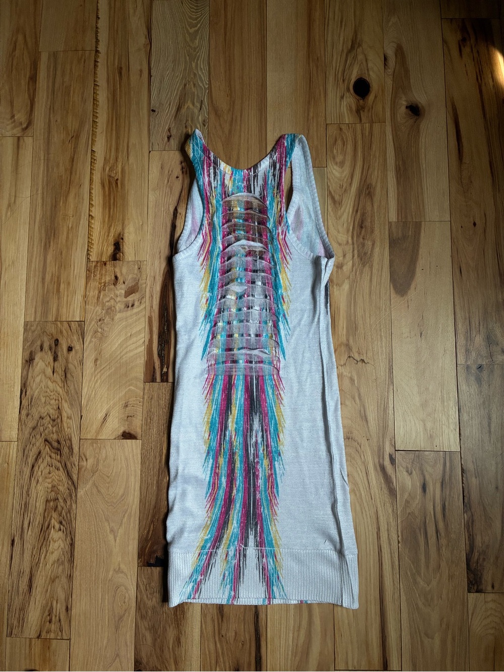 chic White Tank Top with Turquoise Pink Yellow and Gray Fringe - Picture 2 of 4